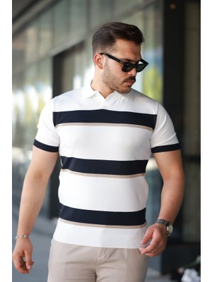 Erkek Şerit Desenli Hemşire Yaka Kısa Kollu Tişört