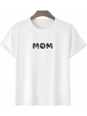 Anneler Gününe Özel Tasarım Mom Çiçek Baskılı T-Shirt - Beyaz