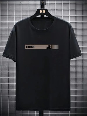 Baskılı Oversize Bisiklet Yaka T-Shirt - Siyah