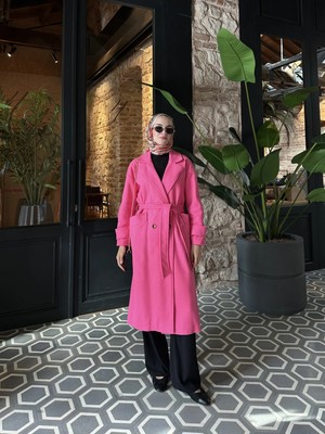 Kemerli Fuşya Kaşe Kaban