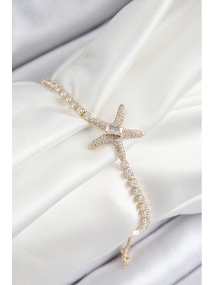 Pirinç Zirkon Taşlı Deniz Yıldızı Model Gold Renk Asansörlü Kadın Bileklik