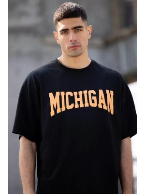 Unisex Bisiklet Yaka Baskılı Oversize T-Shirt - Siyah