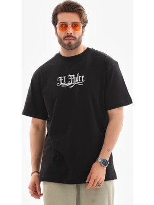 Unisex Bisiklet Yaka Baskılı Oversize T-Shirt - Siyah