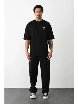 Unisex Bisiklet Yaka Baskılı Oversize T-Shirt - Siyah