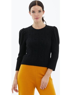 Balon Kol Saç Örgülü Triko Kazak Siyah