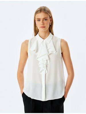 Koton Kadın Krep Kumaş Fular Yaka Volanlı Kolsuz Fırfırlı Gömlek 5SAK60069UW