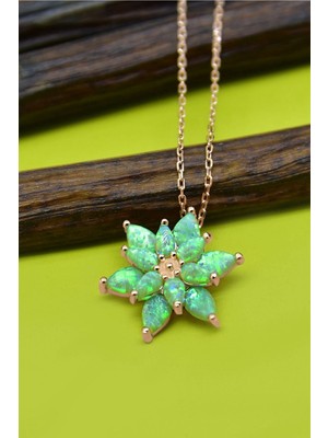 925 Ayar Gümüş Yeşil Doğal Opal Taşlı Lotus Kolye
