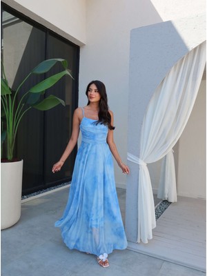 Askılı Drapeli Şifon Elbise