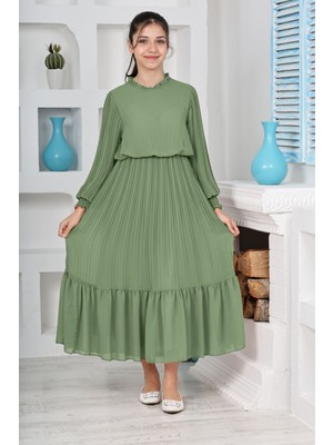 Kız Çocuk Uzun Boydan Pliseli Pamuklu Şifon Uzun Testtür ELBISE-ELB-0045