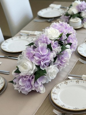 Yapay Çiçek Masa Çiçeği Masa Üstü Dekor 60X20 cm Düğün Nişan Kına Masa Süsü Organizasyon Lila