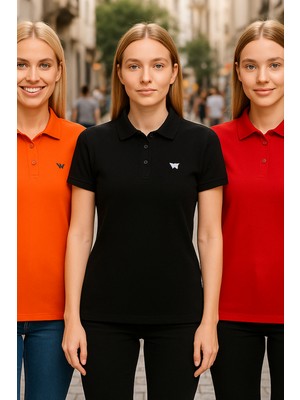 Kadın 3 Lü Paket Basic Armalı Düz Polo Yaka Tişört