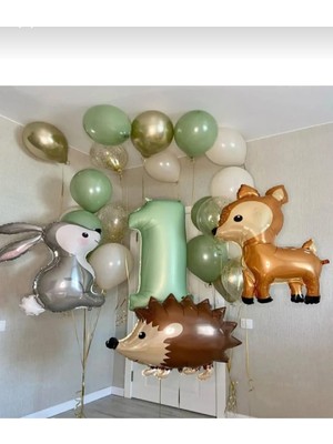 Bkmc Party Orman Hayvanlar Temalı Tavşan Kirpi Ceylan Retro Yeşil Rakam Folyobalonlu Doğum Günü Parti Seti Süsü