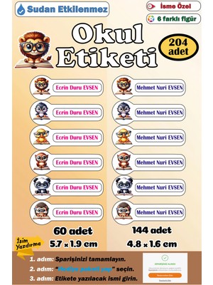 Ayza Tasarım Isme Özel Okul Etiketi Kalem Defter Etiketi Sticker Kız Erkek Çocuk Isim Etiketi