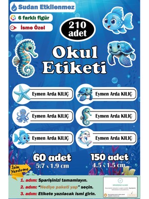 Ayza Tasarım Isme Özel Okul Etiketi Kalem Defter Etiketi Sticker Kız Erkek Çocuk Deniz Canlıları Isim Etiketi