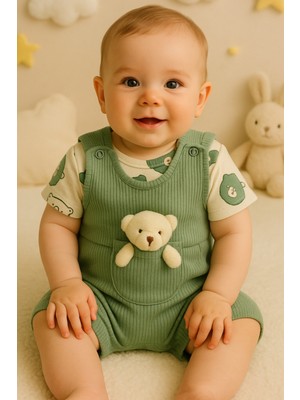 Yazlık Oyuncak Desenli Ayıcık Bebek Tulum Takımı - Penye Zıbın ve Cepli Salopet Seti 2'li Kombin