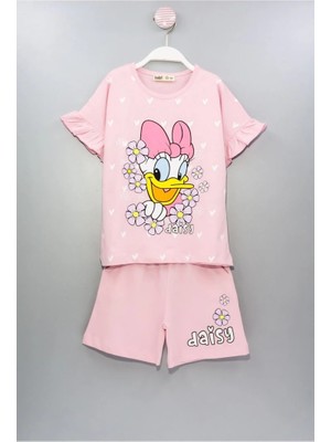 Isob Pembe Daisy Desenli Kolları Fırfırlı %100 Pamuk Kız Çocuk Kısa Kollu Şortlu Takım 3-12 Yaş 23302-P