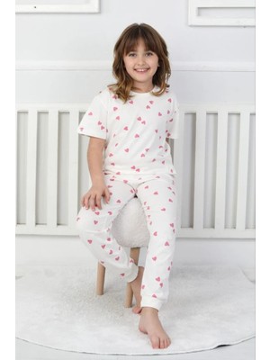 Isob Ekru Kalp Desenli %100 Pamuk Kız Çocuk Kısa Kollu Pijama Takımı 3-8 Yaş 41209-E