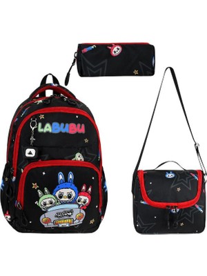 Labubu Ilkokul Çantası 3'lü Set 42*30 cm Beslenme Çantası Kalem Kutusu Ortopedik Su Itici Kumaş