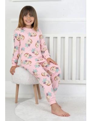 Isob Pembe Ananas Desenli %100 Pamuk Kız Çocuk Pijama Takımı 3-13 Yaş 51204-51405-P