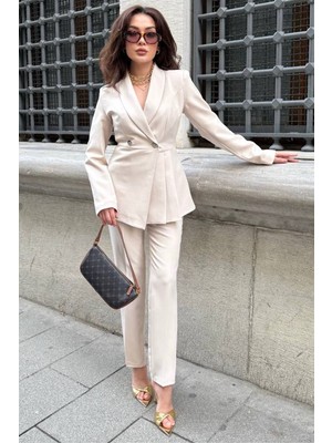 Kadın Ikili Blazer Ceket Pantolon Takım Pile ve Düğme Detaylı Boru Paça
