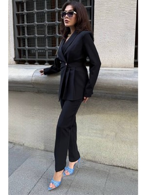 Kadın Ikili Blazer Ceket Pantolon Takım Pile ve Düğme Detaylı Boru Paça