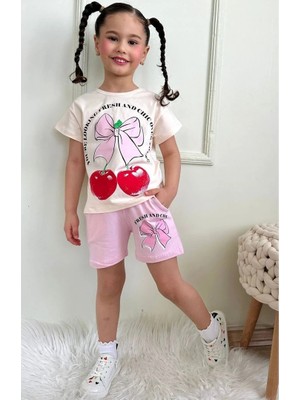Pjkskt Kiraz Desenli Pembe Şortlu Kız Çocuk Kısa Kol Takım 7625-P