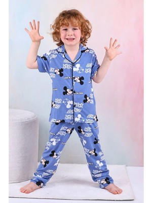 Pjkö Mickey Mause Desenli Mavi Kısa Kollu Önden Düğmeli Erkek Çocuk Pijama Takımı 4-12 Yaş 605K
