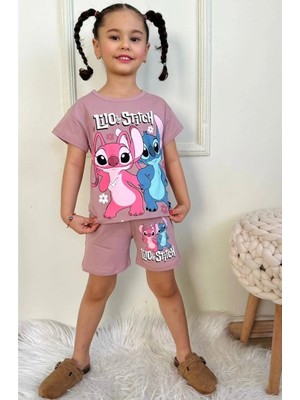 Pjkskt Stitch Desenli Gül Kurusu Şortlu Kız Çocuk Kısa Kol Takım 7537-GK