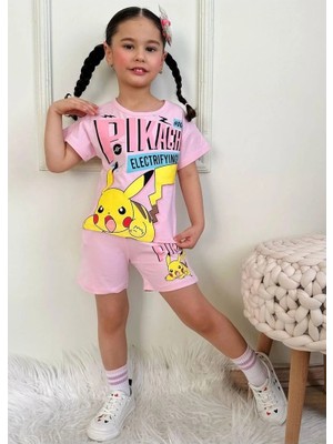 Pjkskt Pikachu Desenli Pembe Şortlu Kız Çocuk Kısa Kol Takım 7569-P