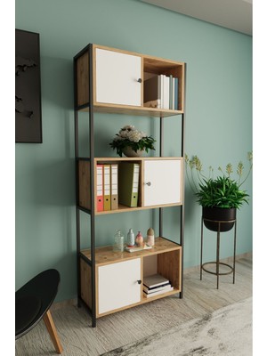 Segara Metal Ayaklı 5 Raf 3 Kapaklı Kitaplık Atlantik Çam Beyaz