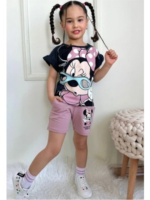 Pjkskt Minnie Mause Desenli Gül Kurusu Şortlu Kız Çocuk Kısa Kol Takım 7551-GK