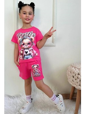 Pjkskt Süslü Ayıcık Desenli Fuşya Şortlu Kız Çocuk Kısa Kol Takım 7573-F
