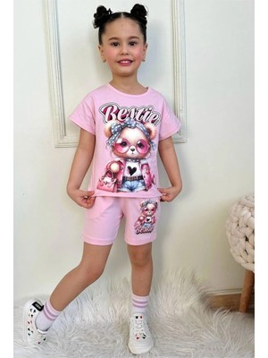 Pjkskt Süslü Ayıcık Desenli Pembe Şortlu Kız Çocuk Kısa Kol Takım 7573-P