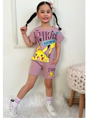 Pjkskt Pikachu Desenli Gül Kurusu Şortlu Kız Çocuk Kısa Kol Takım 7569-GK