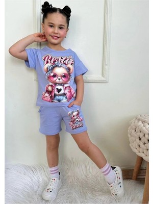 Pjkskt Süslü Ayıcık Desenli Lila Şortlu Kız Çocuk Kısa Kol Takım 7573-L