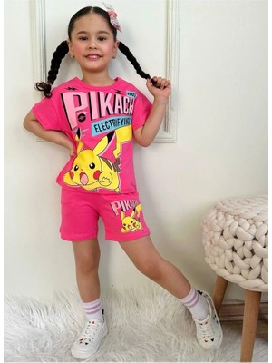 Pjkskt Pikachu Desenli Fuşya Şortlu Kız Çocuk Kısa Kol Takım 7569-F
