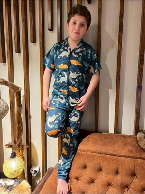 Pjkö Dinazor Desenli Mavi Kısa Kollu Önden Düğmeli Erkek Çocuk Pijama Takımı 4-12 Yaş 704K