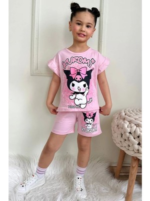 Pjkskt Kuromi Desenli Pembe Şortlu Kız Çocuk Kısa Kol Takım 7535-P