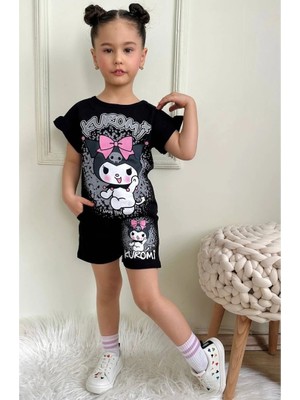 Pjkskt Kuromi Desenli Siyah Şortlu Kız Çocuk Kısa Kol Takım 7535-S