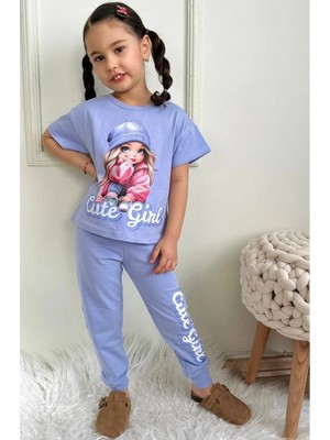 Pjkke Şapkalı Kız Desenli Lila Eşofmanlı Kız Çocuk Kısa Kol Takım 3-10 Yaş 7457-L