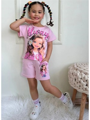 Pjkskt Always Believe Desenli Pembe Şortlu Kız Çocuk Kısa Kol Takım 7552-P