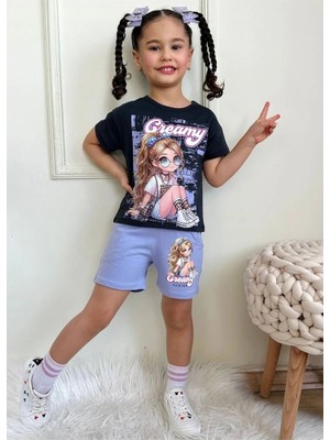 Pjkskt Creamy Desenli Lila Şortlu Kız Çocuk Kısa Kol Takım 7549-L