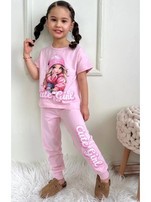 Pjkke Şapkalı Kız Desenli Pembe Eşofmanlı Kız Çocuk Kısa Kol Takım 3-10 Yaş 7457-P
