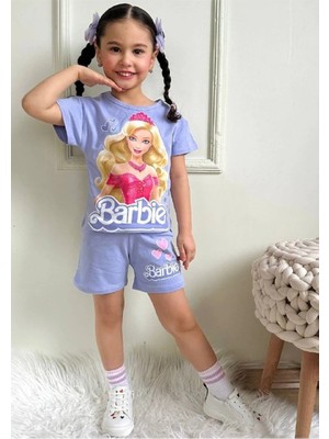 Pjkskt Barbie Desenli Lila Şortlu Kız Çocuk Kısa Kol Takım 7553-L
