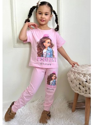 Pjkke Şapkalı Kız Desenli Pembe Eşofmanlı Kız Çocuk Kısa Kol Takım 3-10 Yaş 7439-P