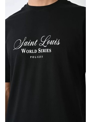 Unisex Bisiklet Yaka Baskılı Oversize T-Shirt - Siyah