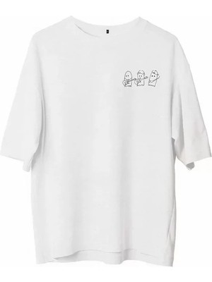 Unisex Bisiklet Yaka Baskılı Oversize T-Shirt - Beyaz