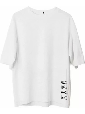 Unisex Bisiklet Yaka Baskılı Oversize T-Shirt - Beyaz