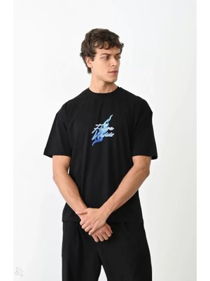 Unisex Bisiklet Yaka Baskılı Oversize T-Shirt - Siyah