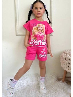 Pjkskt Barbie Desenli Fuşya Şortlu Kız Çocuk Kısa Kol Takım 7553-F